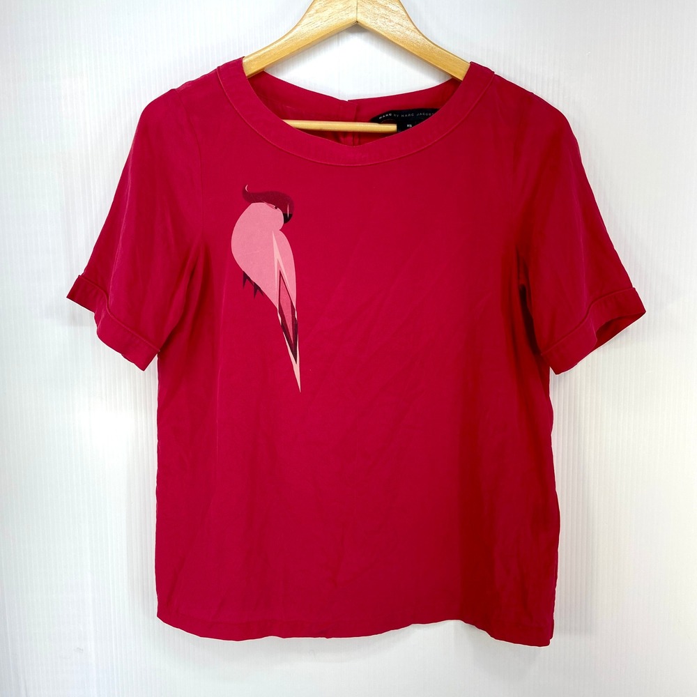 Marc by Marc Jacobs Strawberry Pink Bird Silk Short Sleeve Blouse Womens XS